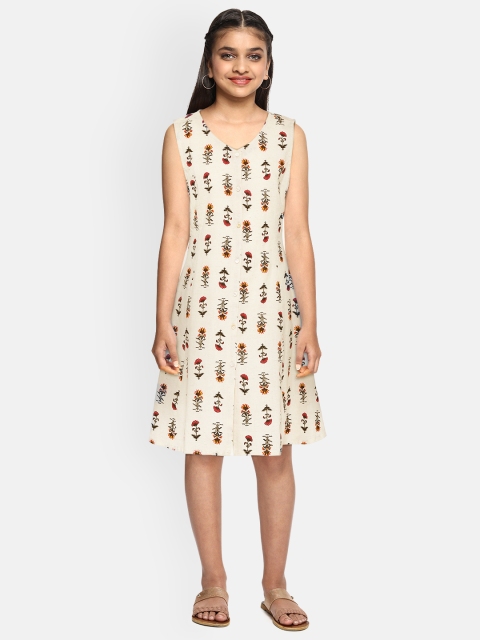 

YK Girls Off-White & Red Floral Print A-Line Dress