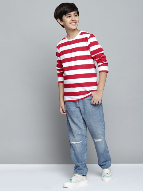 

YK Boys Red & White Pure Cotton Striped Round Neck T-shirt