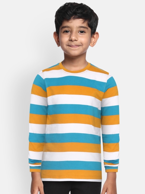 

YK Boys Mustard Yellow & Blue Pure Cotton Striped Round Neck T-shirt