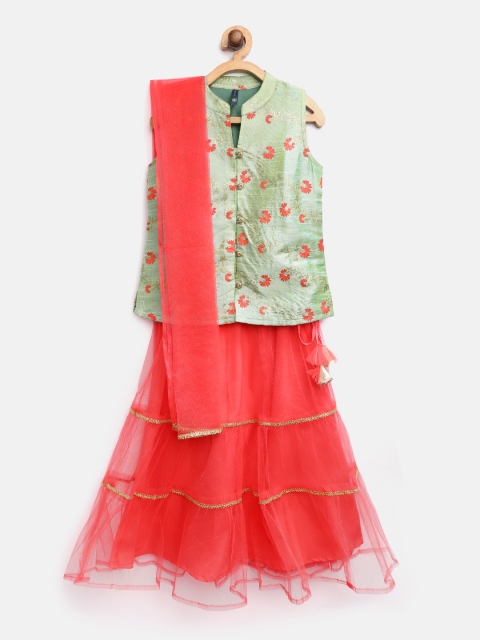 

YK Girls Coral Pink & Green Floral Print Ready to Wear Lehenga & Blouse with Dupatta