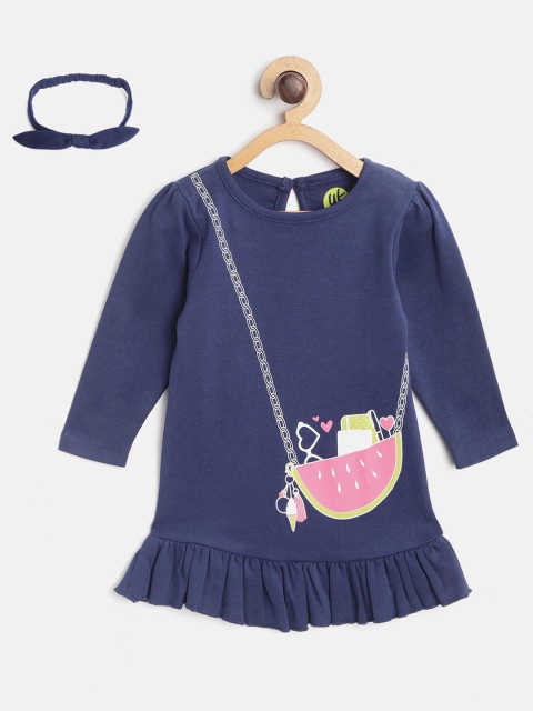 

YK Girls Navy Blue & Pink Sling Bag Print A-Line Dress with Hairband