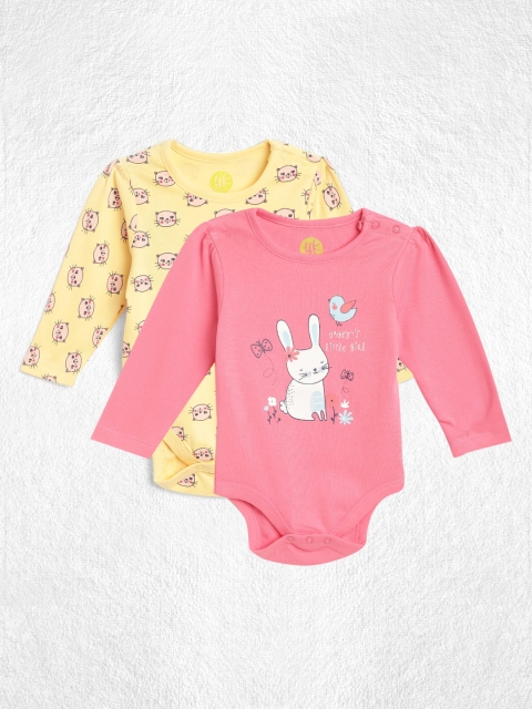 

YK Infant Girls Pack of 2 Pink & Yellow Printed Pure Cotton Bodysuits