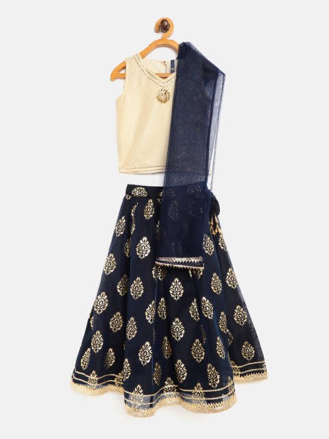 

YK Girls Navy Blue & Off-White Printed Ready to Wear Lehenga & Blouse with Dupatta