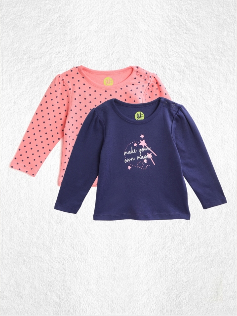 

YK Infant Girls Pack of Printed Pure Cotton Round Neck Tops, Navy blue