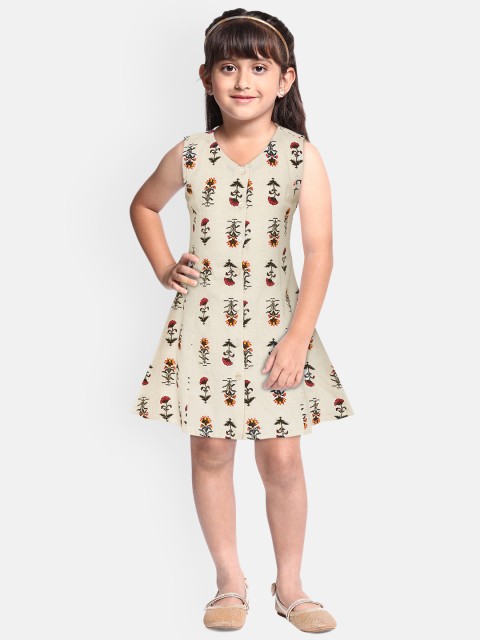

YK Girls Cream-Coloured & Red Floral Print A-Line Dress