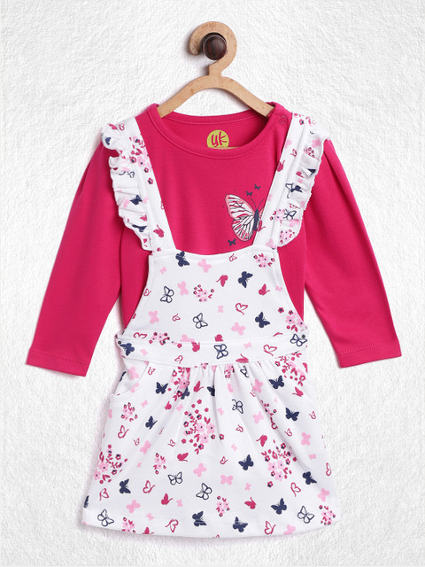 

YK Infant Girls Pink & White Pure Cotton Solid Top with Butterfly Print Skirt
