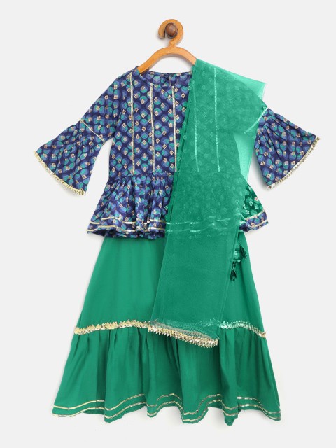 

YK Girls Navy Blue & Green Printed Ready to Wear Lehenga & Blouse with Dupatta