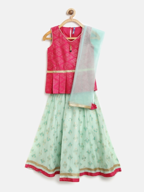 

YK Girls Sea Green & Pink Printed Ready to Wear Lehenga & Blouse with Dupatta