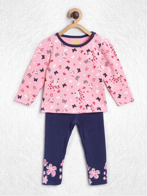 

YK Infant Girls Pink & Navy Blue Butterfly Print Pure Cotton Top with Leggings