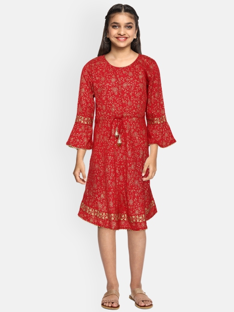 

YK Girls Red & Golden Floral Print A-Line Dress