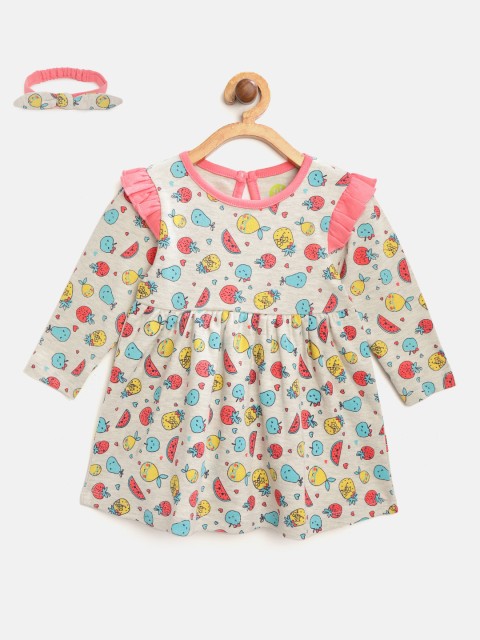 

YK Girls Grey Melange & Blue Fruits Printed A-Line Dress with Hairband