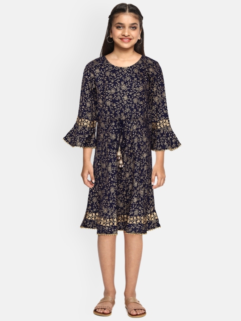 

YK Girls Navy Blue & Golden Floral Print A-Line Dress