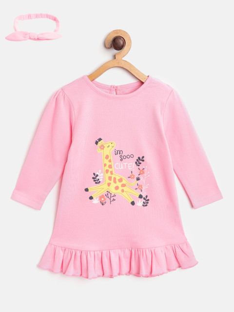 

YK Girls Pink & Yellow Giraffe Print A-Line Dress with Hairband