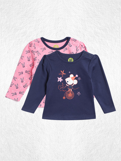 

YK Infant Girls Pack of 2 Printed Pure Cotton Round Neck Tops, Navy blue