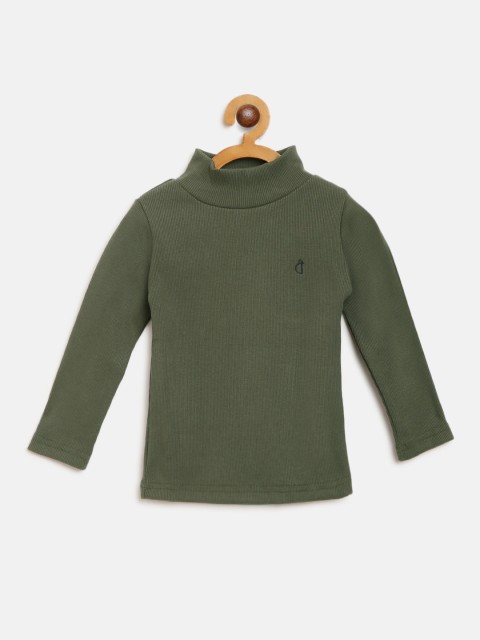 

Gini and Jony Girls Olive Green Ribbed High Neck Pure Cotton Top