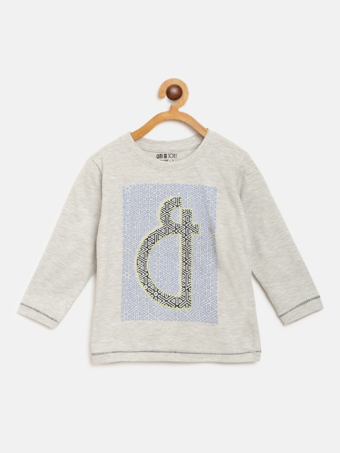 

Gini and Jony Boys Grey Melange & Blue Brand Logo Print Round Neck T-shirt