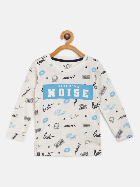 

Palm Tree Boys White Blue Music Print Round Neck Pure Cotton T-shirt