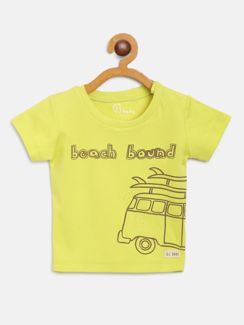 

Gini and Jony Boys Fluorescent Green & Coffee Brown Bus Print Round Neck T-shirt
