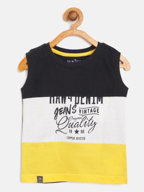 

Palm Tree Boys Navy Blue White Colourblocked Round Neck Pure Cotton T-shirt
