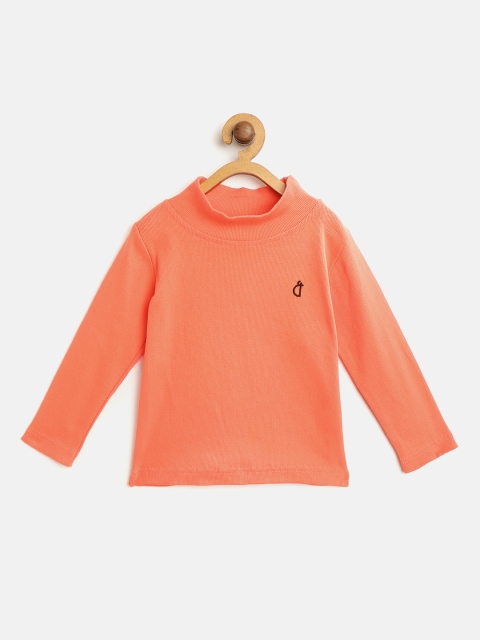 

Gini and Jony Girls Coral Orange Ribbed High Neck Pure Cotton Top