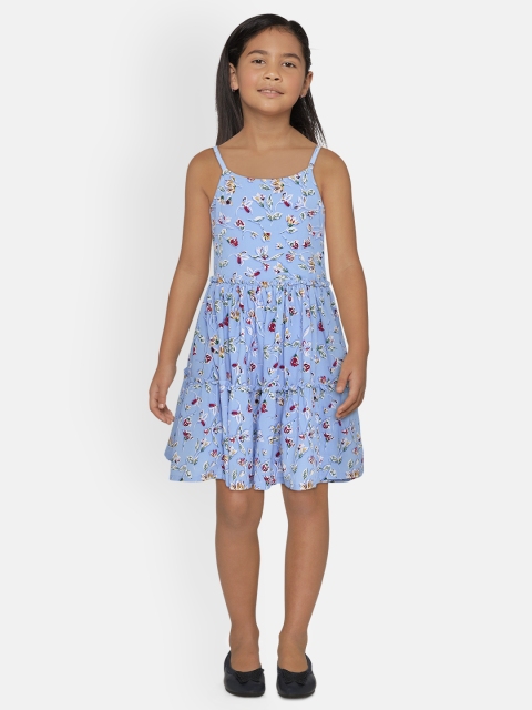 

Gini and Jony Girls Blue Floral Printed Tiered A-Line Dress