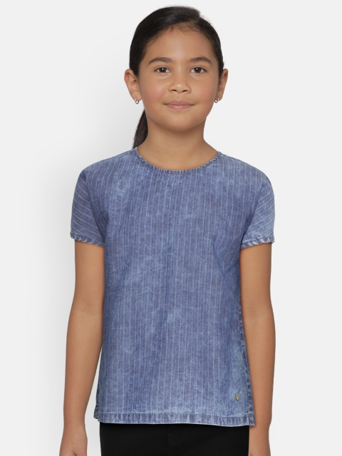 

Palm Tree Girls Blue Tie & Dye & Striped Styled Back Chambray Top