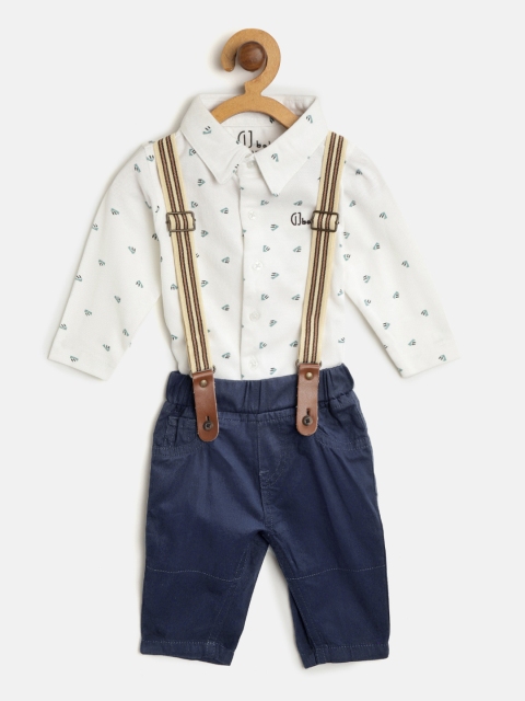 

Gini and Jony Boys White & Navy Blue Printed Shirt & Trousers with Suspenders