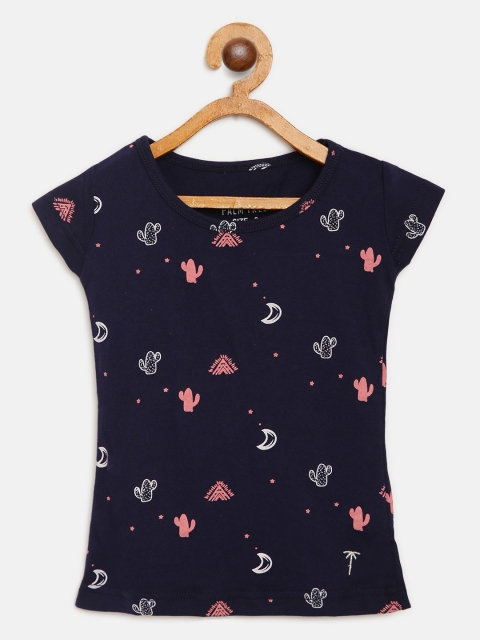 

Palm Tree Girls Navy Blue White Cactus Print Round Neck Pure Cotton T-shirt
