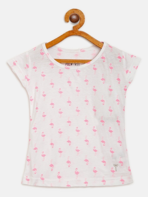 

Palm Tree Girls White Pink Flamingo Print Round Neck Pure Cotton T-shirt