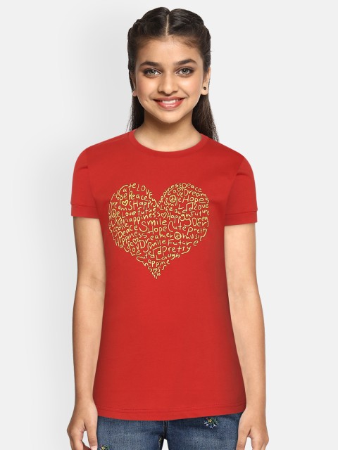 

Gini and Jony Girls Red Yellow Typo Heart Print Round Neck Pure Cotton T-shirt