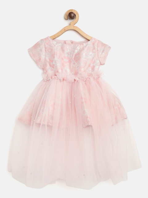 

Gini and Jony Girls Pink Floral Self Design Fit & Flare Dress with Net Tulle Skirt