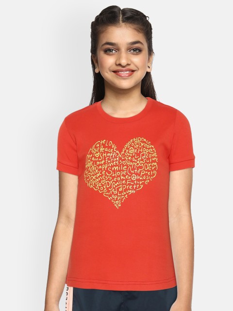 

Gini and Jony Girls Coral Orange Yellow Typo Heart Print Round Neck Pure Cotton T-shirt