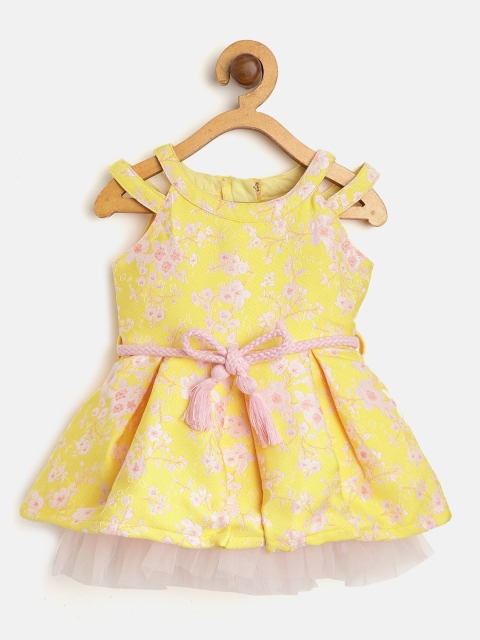 

Gini and Jony Girls Yellow & Pink Floral Pattern Fit & Flare Dress with Belt