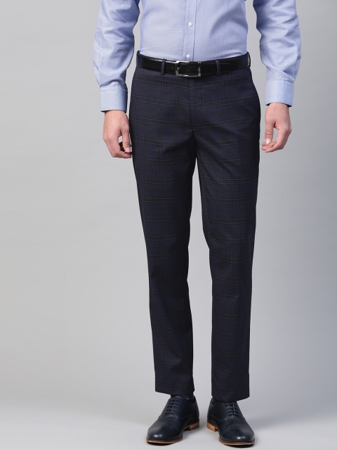 

Marks & Spencer Men Navy Blue & Black Slim Fit Checked Formal Trousers