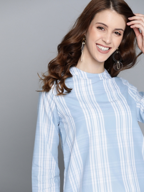 

HERE&NOW Women Blue & White Striped Pure Cotton Top