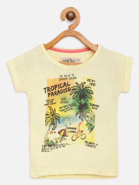 

Palm Tree Girls Yellow Green Tropical Print Round Neck Pure Cotton T-shirt