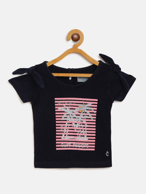 

Gini and Jony Girls Navy Blue & Pink Striped Pure Cotton Top With Printed Detail