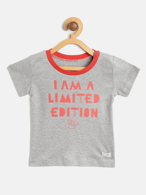 

Gini and Jony Boys Grey Melange & Red Typography Printed Round Neck T-shirt
