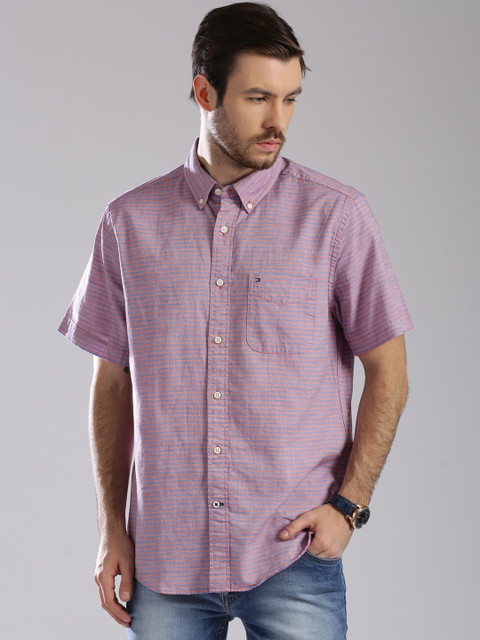 

Tommy Hilfiger Blue & Coral Orange Striped Casual Shirt