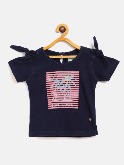 

Gini and Jony Navy Blue & Pink Graphic & Tropical Print Cotton Top with Tie-Ups