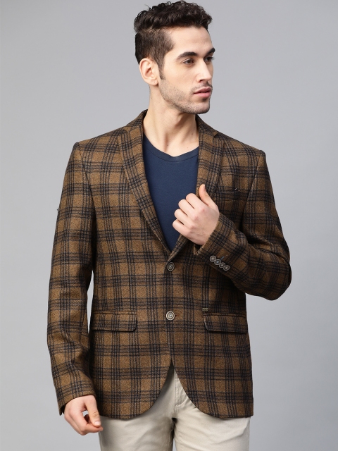 

Blackberrys Men Mustard Brown & Black Slim Fit Self-Checked Smart Casual Blazer