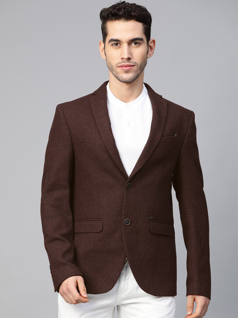 

Blackberrys Men Burgundy Self-Design Slim Fit Single-Breasted Blazer