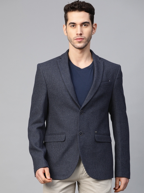 

Blackberrys Men Navy Blue Self-Design Slim Fit Single-Breasted Blazer