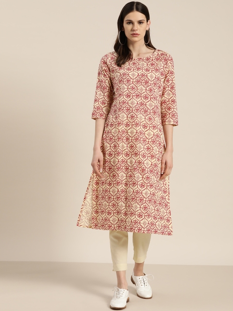 

Sangria Women Cream-Coloured & Maroon Printed Pure Cotton Kurta with Trousers