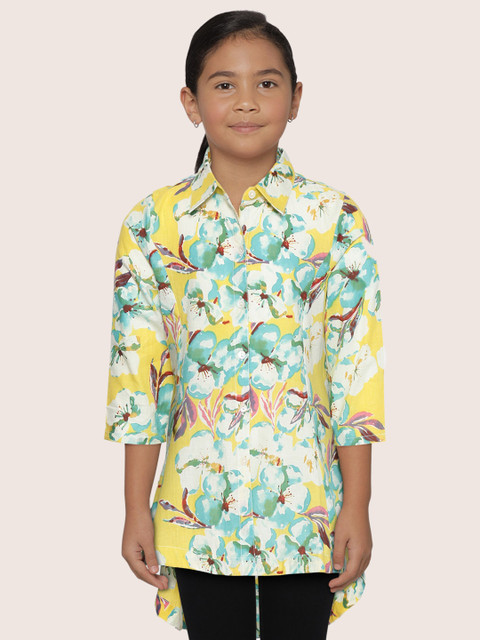 

Sangria Girls Yellow & White Floral Printed Longline Shirt Style Pure Cotton Top