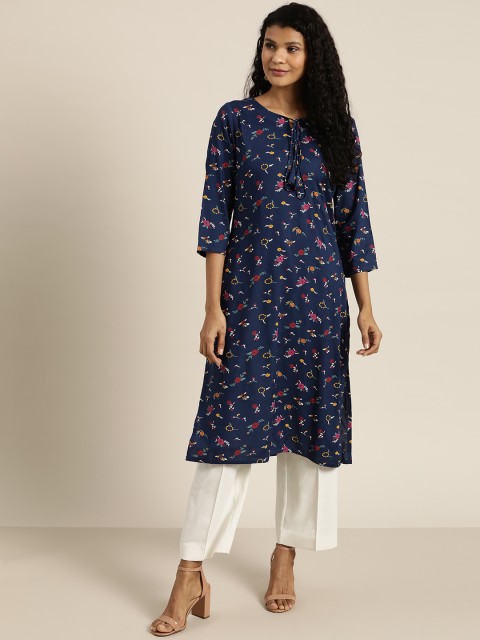 

Sangria Women Navy Blue & Pink Floral Print Straight Kurta