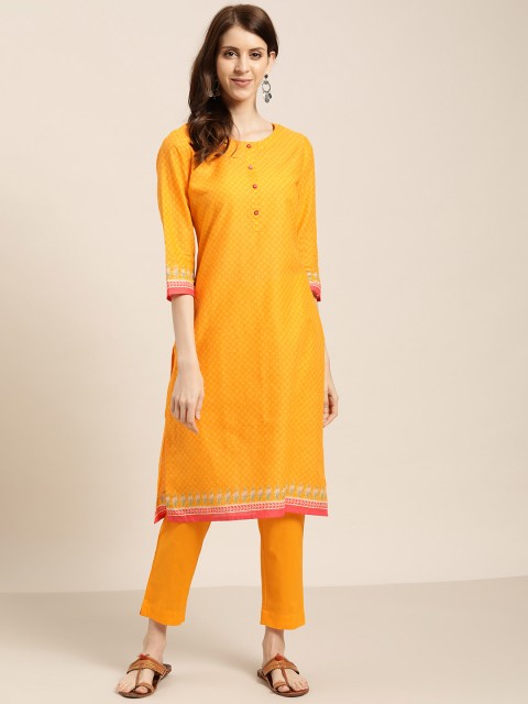 

Sangria Women Mustard Yellow Printed Kurta with Trousers