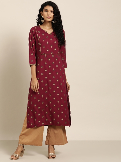 

Sangria Women Burgundy & Golden Printed Straight Kurta