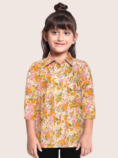 

Sangria Girls Off-White & Mustard Yellow Floral Print Pleated Shirt Style Pure Cotton Top