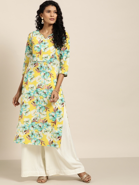 

Sangria Women Yellow & Sea Green Floral Printed Straight Kurta